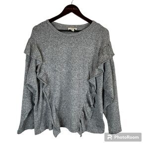 Coverstitched Womens Gray Sweater Sz L Long Sleeve Pullover Ruffled Soft Top U